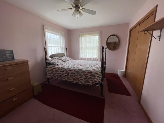 bedroom featuring carpet flooring, ceiling fan, and a closet