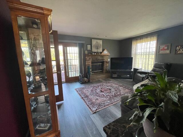 living room with a fireplace, hardwood / wood-style flooring, and plenty of natural light