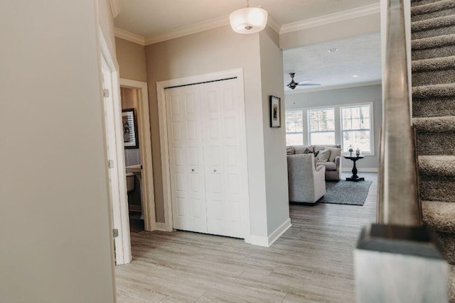 hallway featuring light hardwood / wood-style floors and crown molding