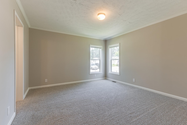 carpeted empty room with crown molding and a textured ceiling