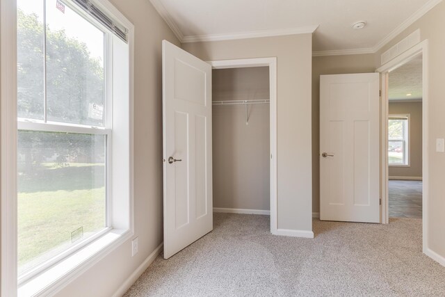 unfurnished bedroom with light colored carpet, ornamental molding, and a closet