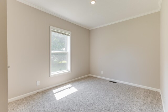 empty room featuring crown molding, a healthy amount of sunlight, and carpet flooring