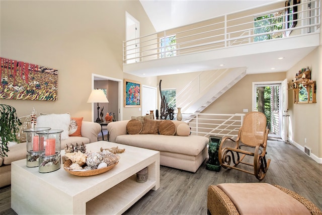 living room featuring a wealth of natural light, a towering ceiling, and hardwood / wood-style floors