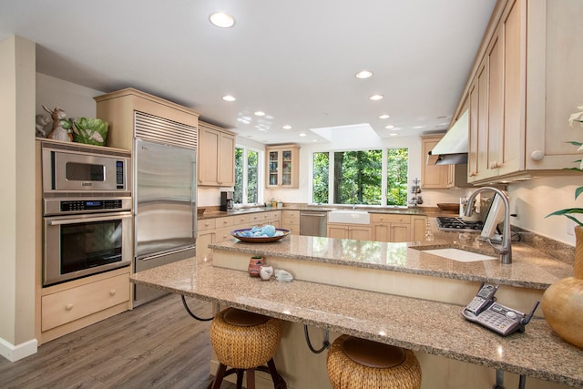 kitchen with built in appliances, light stone countertops, hardwood / wood-style floors, and plenty of natural light