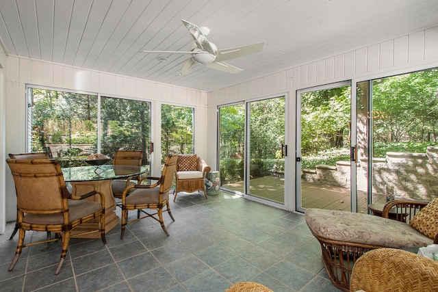 sunroom with ceiling fan and wood ceiling