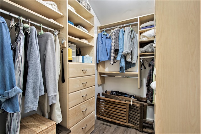 walk in closet featuring dark wood-type flooring