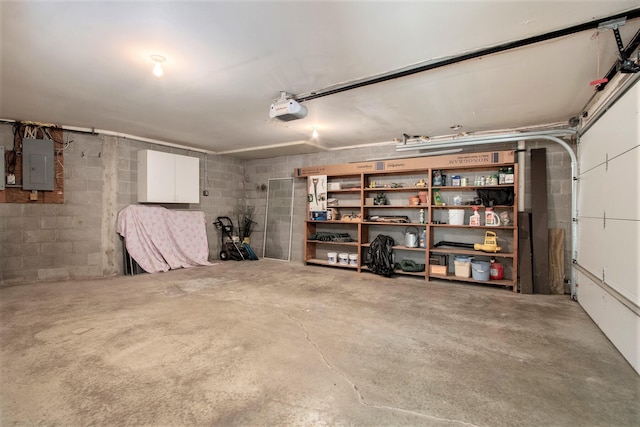 garage with a garage door opener and electric panel