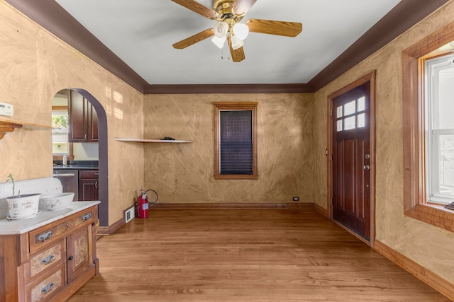 interior space featuring light wood-type flooring, ceiling fan, and a healthy amount of sunlight