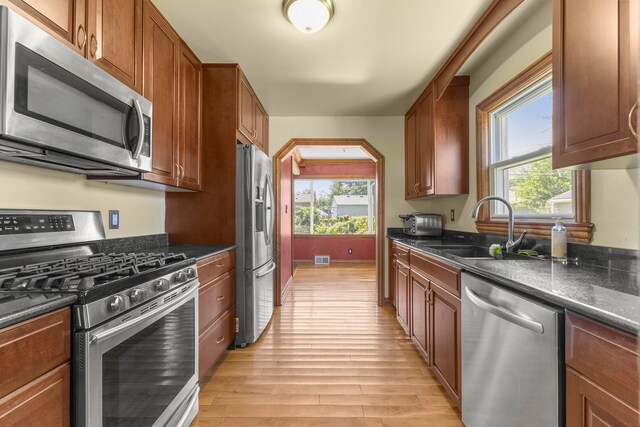 kitchen with light wood-type flooring, appliances with stainless steel finishes, a wealth of natural light, and sink