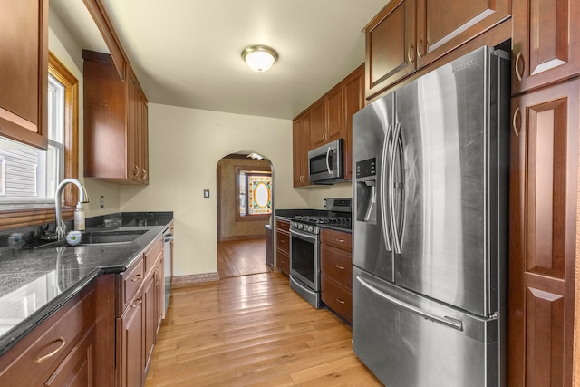 kitchen with light wood-type flooring, stainless steel appliances, and a healthy amount of sunlight