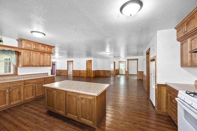 kitchen with white appliances, dark hardwood / wood-style floors, and a textured ceiling