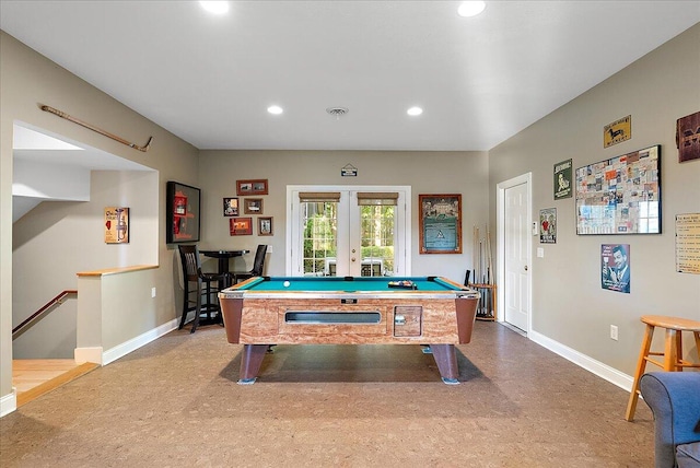 playroom with pool table and french doors