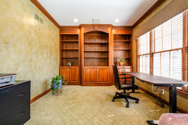 carpeted office featuring built in features and crown molding