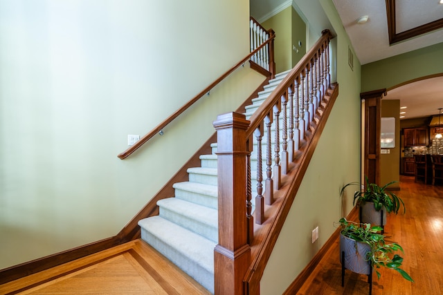 staircase featuring wood-type flooring