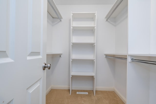 walk in closet with light carpet