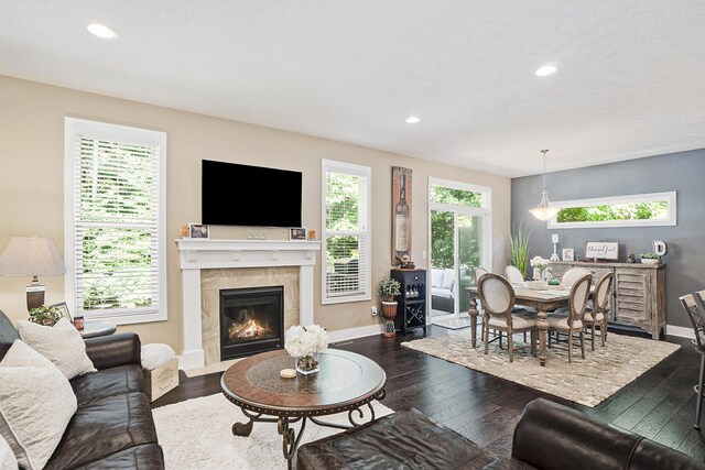 living room featuring dark hardwood / wood-style flooring and a tiled fireplace