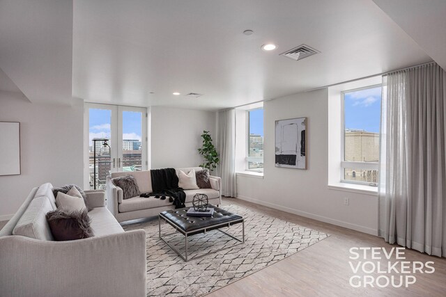 living room featuring plenty of natural light and light hardwood / wood-style floors