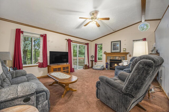 living room with ceiling fan, a wealth of natural light, carpet, and vaulted ceiling with beams