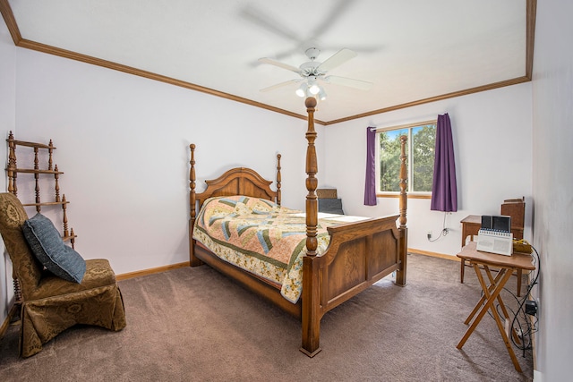 carpeted bedroom featuring ceiling fan and ornamental molding