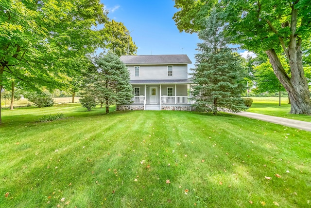 view of front of house featuring a porch and a front lawn