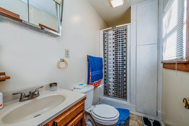 bathroom with vanity, a shower with curtain, and toilet