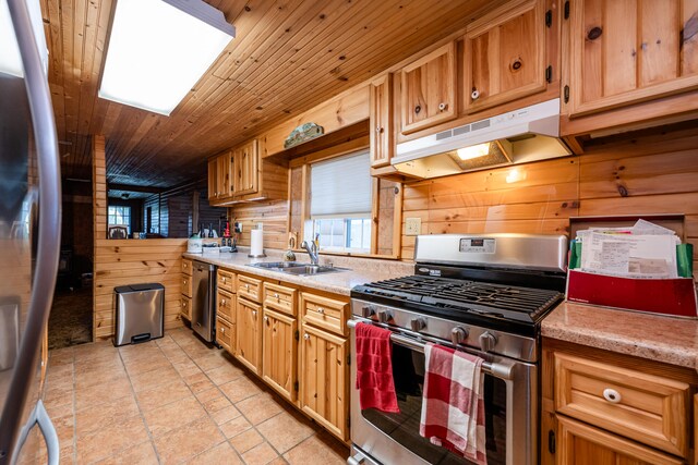 kitchen with sink, appliances with stainless steel finishes, wood ceiling, and wooden walls