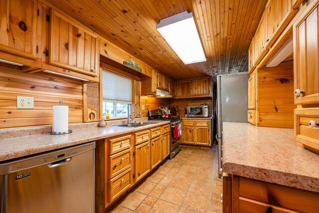 kitchen with wood walls, stainless steel appliances, wooden ceiling, and sink