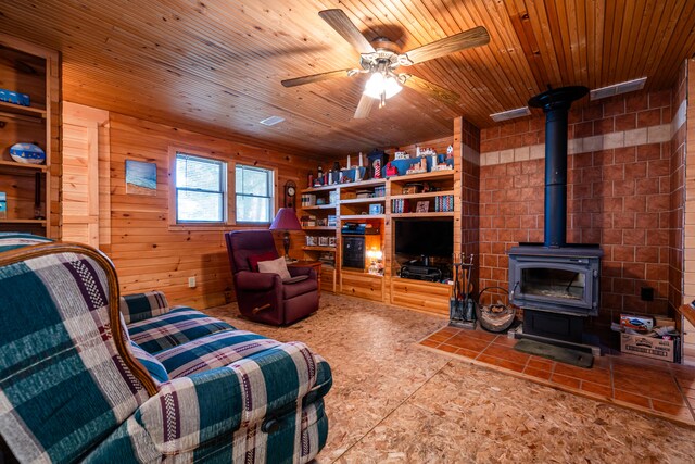 living room featuring a wood stove, wooden walls, wooden ceiling, and ceiling fan