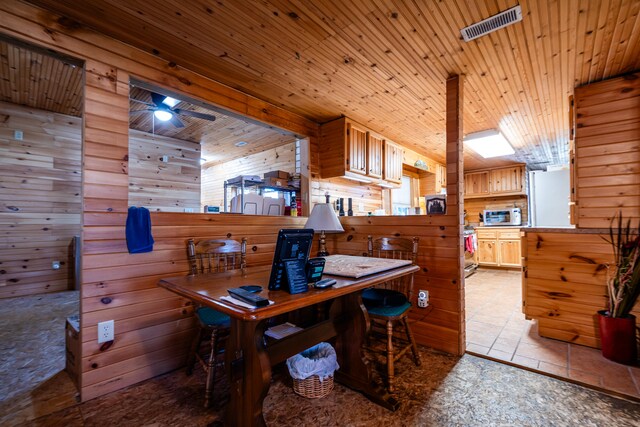 dining space with wood ceiling and wooden walls