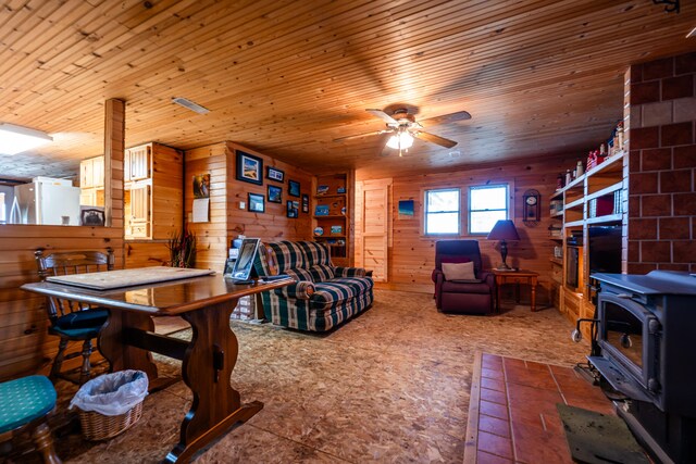 living room featuring a wood stove, wood walls, wood ceiling, and ceiling fan