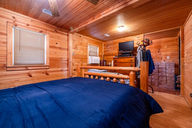 bedroom featuring wood ceiling, wood-type flooring, beamed ceiling, and wooden walls