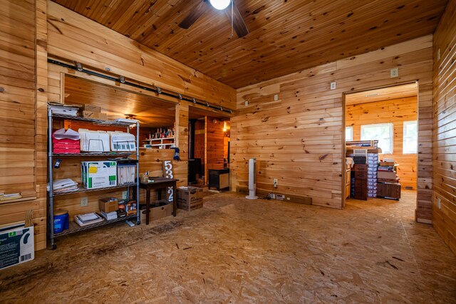 interior space with wood ceiling, ceiling fan, and wood walls