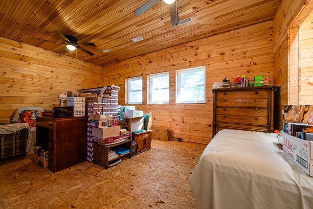 bedroom featuring ceiling fan and wooden walls