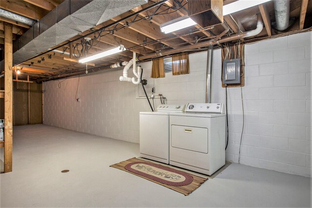 unfinished basement featuring electric panel and washing machine and clothes dryer