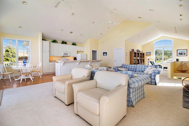 living room featuring lofted ceiling, ceiling fan, and light wood-type flooring