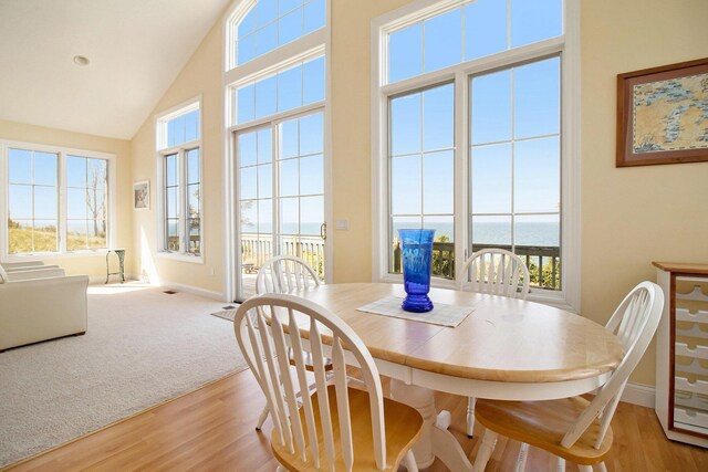 dining space with light hardwood / wood-style flooring, high vaulted ceiling, and a water view