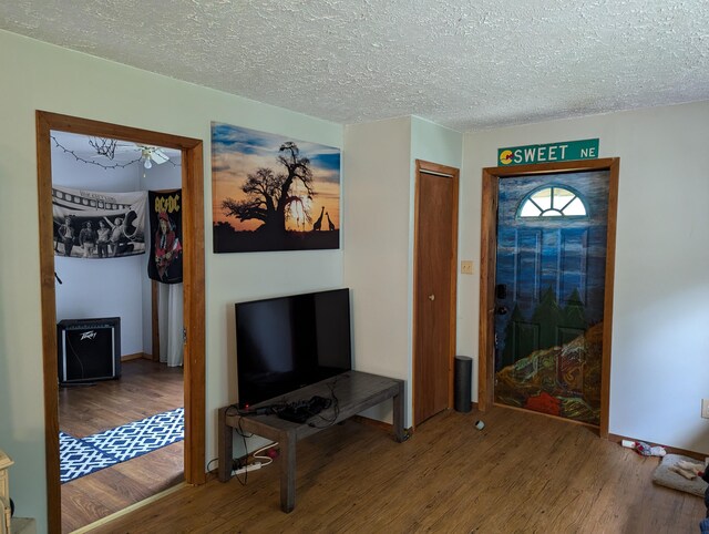 living room featuring a textured ceiling and hardwood / wood-style flooring