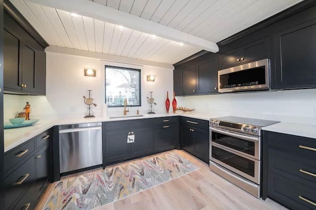 kitchen featuring appliances with stainless steel finishes, light hardwood / wood-style floors, beam ceiling, and sink