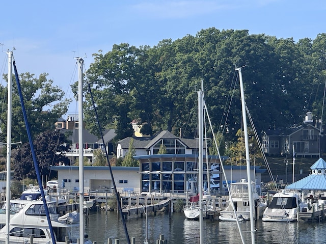 view of dock with a water view