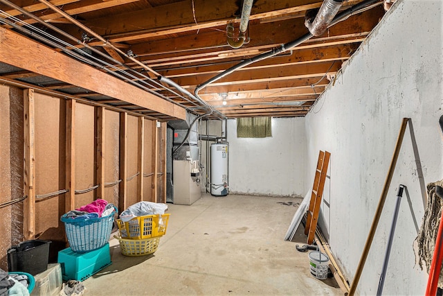 basement with heating unit and water heater