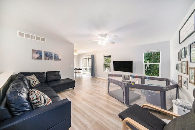 living room featuring ceiling fan and light wood-type flooring