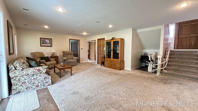 living room with a textured ceiling and carpet flooring