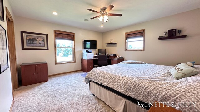 carpeted bedroom with multiple windows and ceiling fan