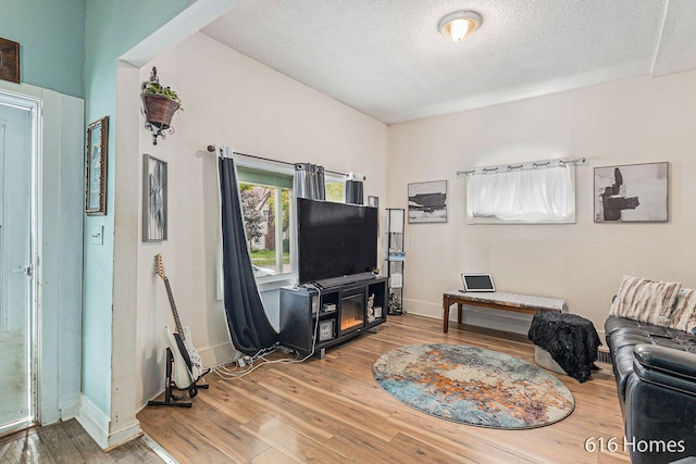 living room featuring a textured ceiling and light hardwood / wood-style flooring