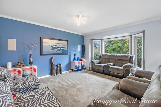 carpeted living room with crown molding