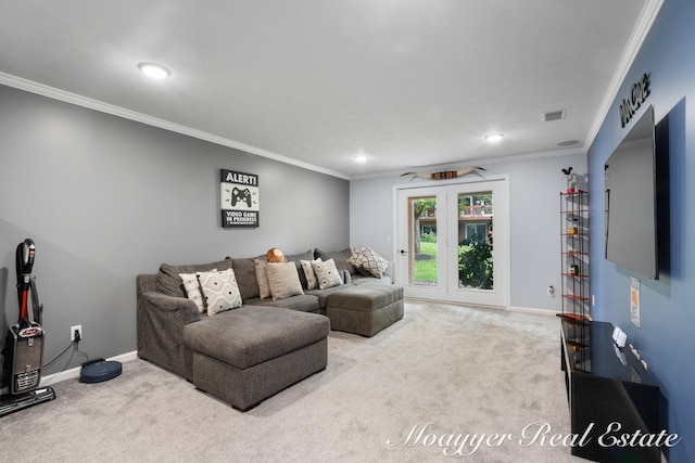 carpeted living room with ornamental molding