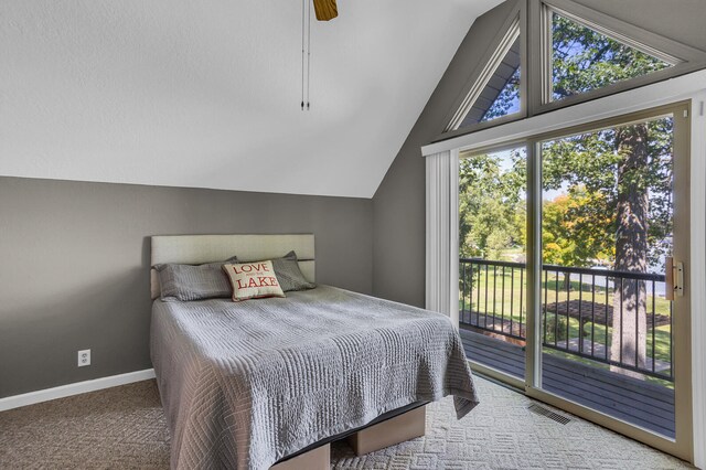 bedroom with access to outside, ceiling fan, carpet, and lofted ceiling