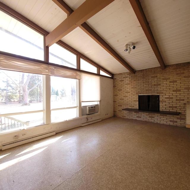 unfurnished living room with brick wall, lofted ceiling with beams, cooling unit, and a fireplace