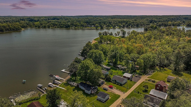 aerial view featuring a forest view and a water view