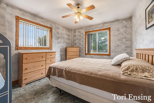 carpeted bedroom with ceiling fan